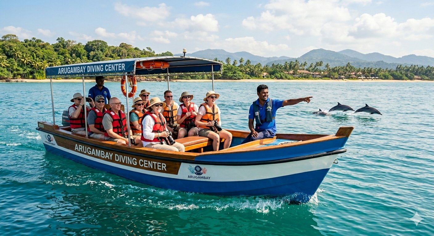 A boat full of guests with dolphins jumping nearby