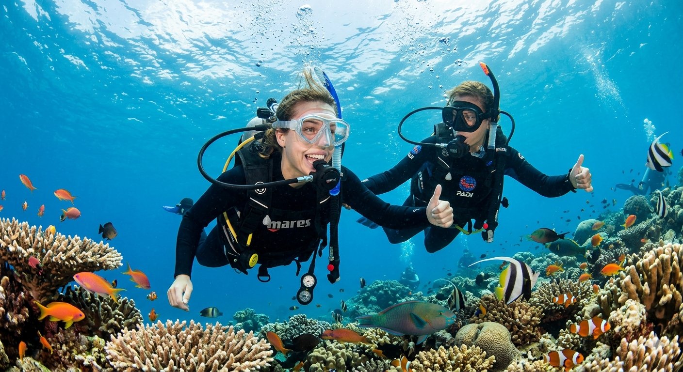 Two divers smile underwater, one giving the thumbs-up signal — Discover Scuba Diving
