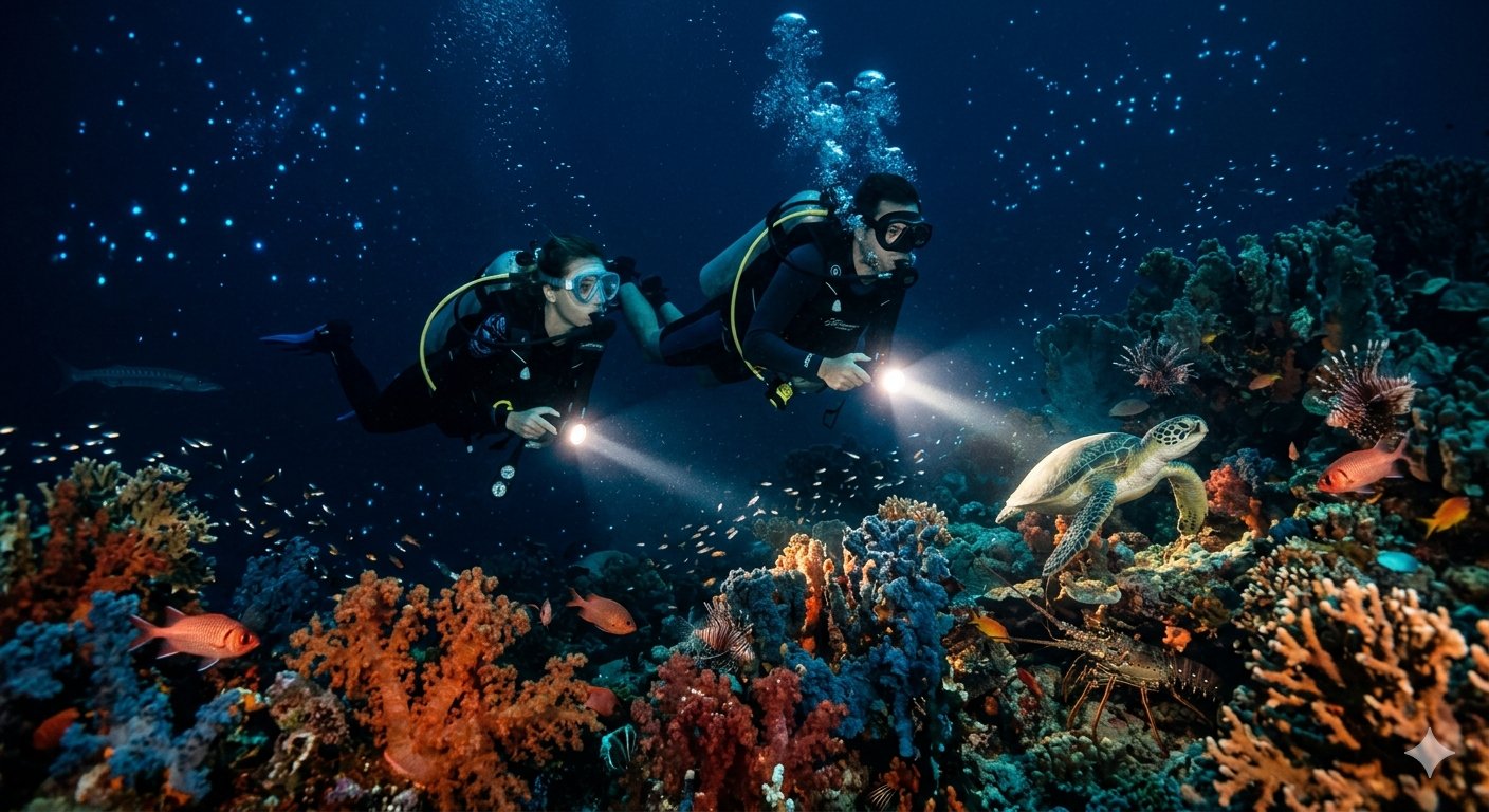 Two divers with torches at night above coral and a sea turtle