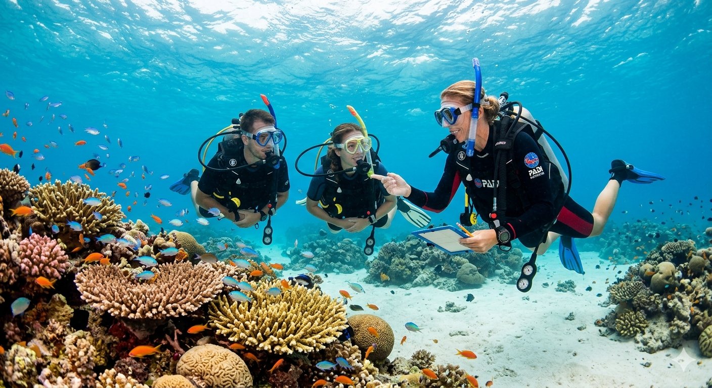 A PADI instructor teaching two students underwater