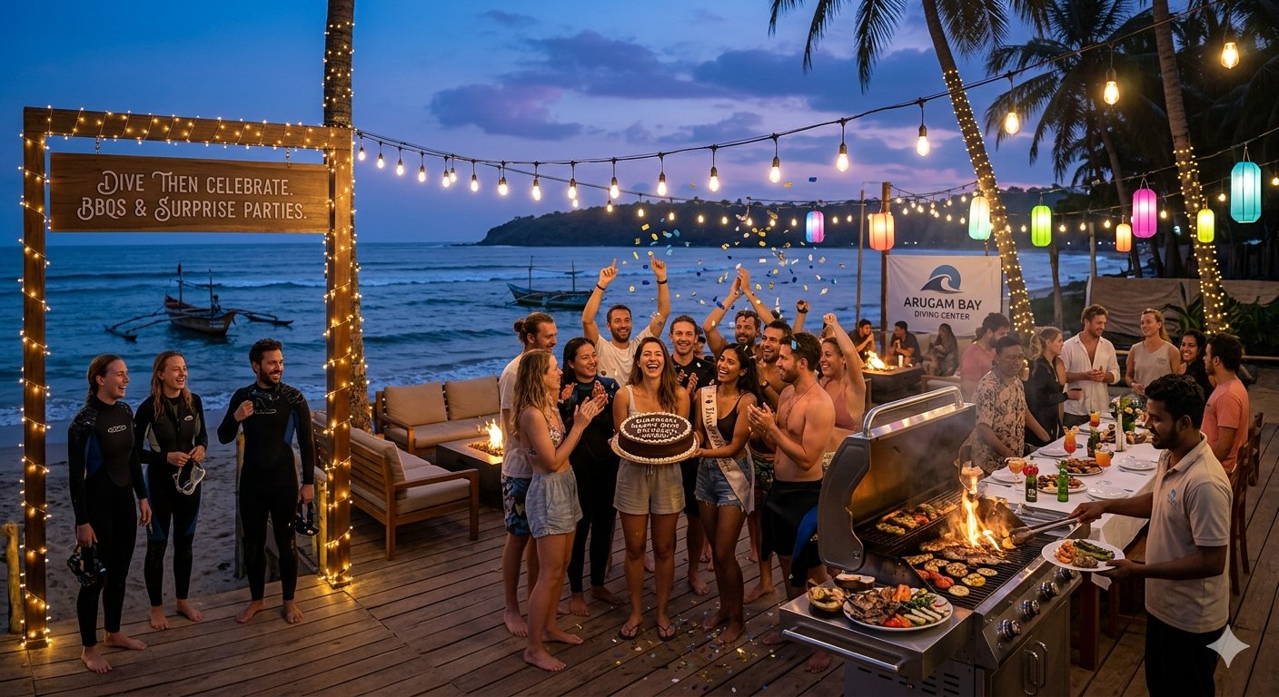 Beachside celebration with string lights, BBQ and divers
