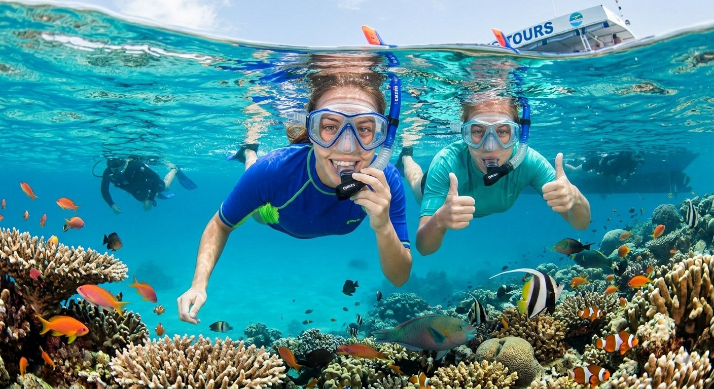 Two snorkelers giving the thumbs-up over a coral reef